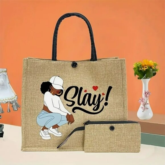 Slay Tote Bag with Zipper Clutch Handbags - "Slay" Tote Bag with Inner Pocket & Zipper Clutch (SKU 0315)
